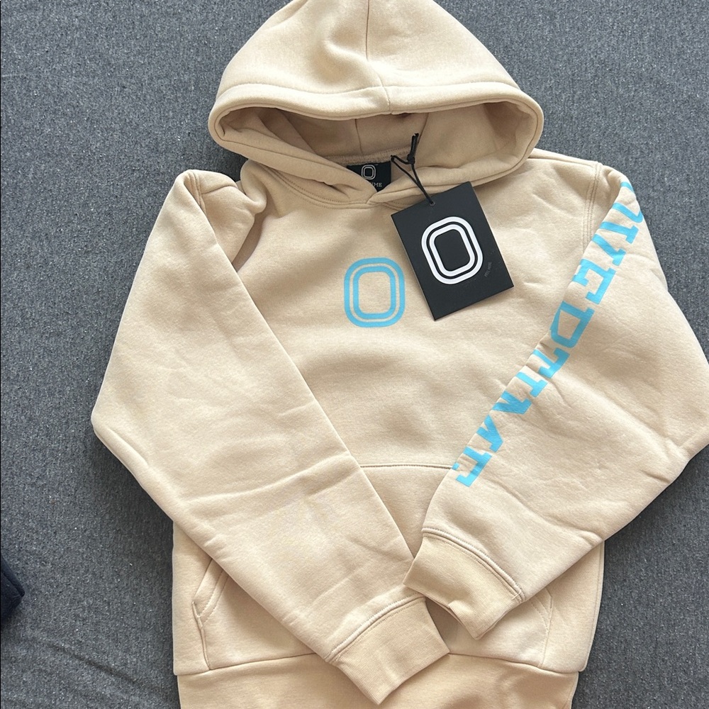 Kids Beige overtime Hoodie with Blue Accents